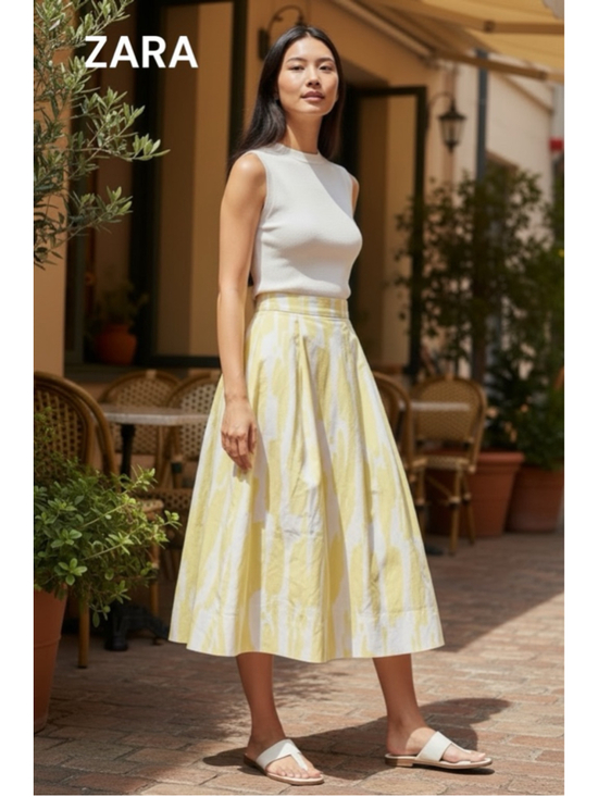 ZARA Dresses & Skirts - ZARA Yellow White Abstract Print Midi Skirt Summer L
